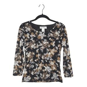 Vtg Rena Rowan Floral Mesh Top Black Brown White 3/4 Sleeve Top S Whimsigoth Y2K